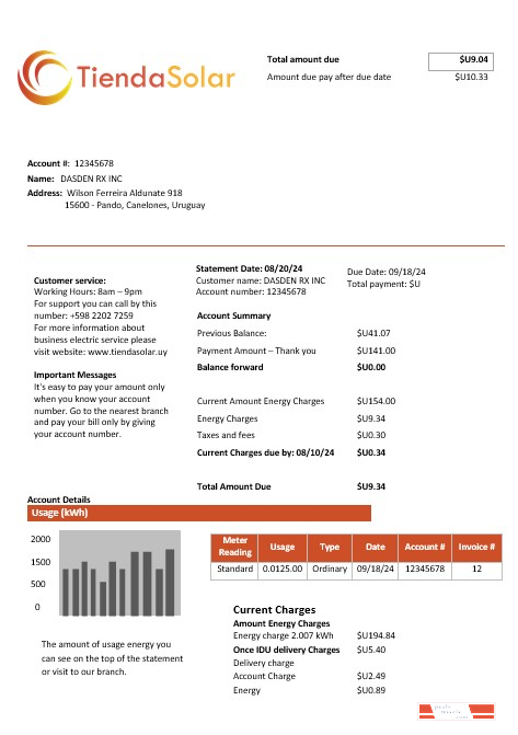 Uruguay TiendaSolar business utility bill template in Word and PDF formats